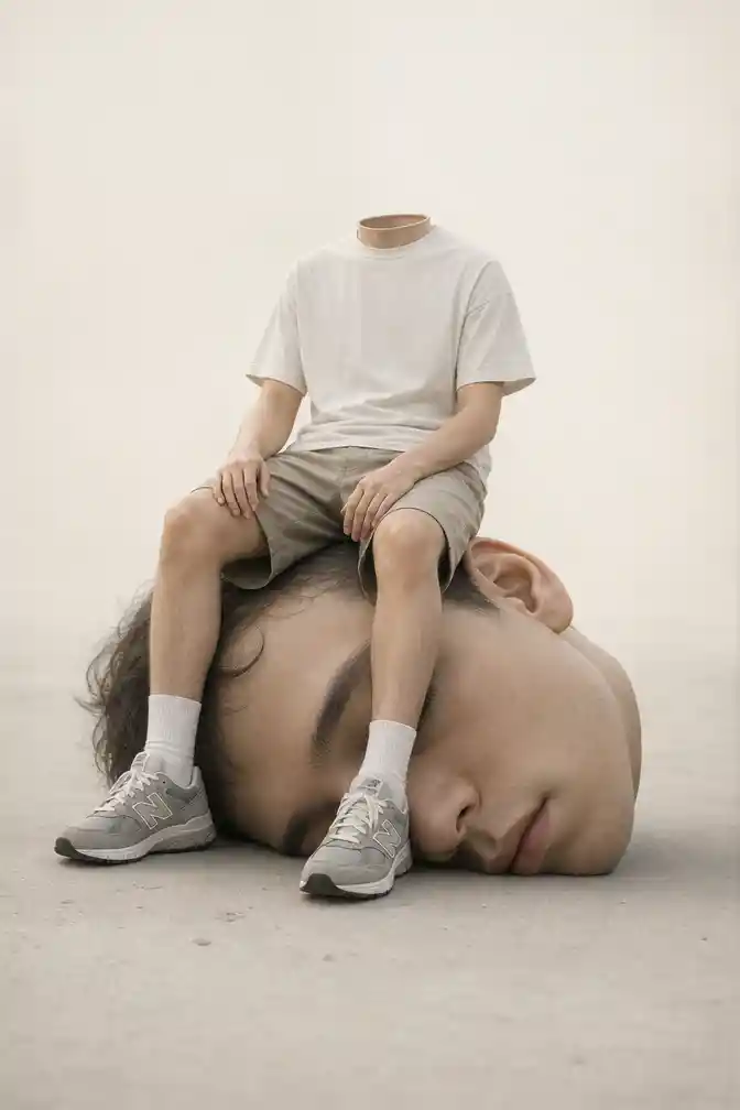 Headless woman sitting on her own oversized head
