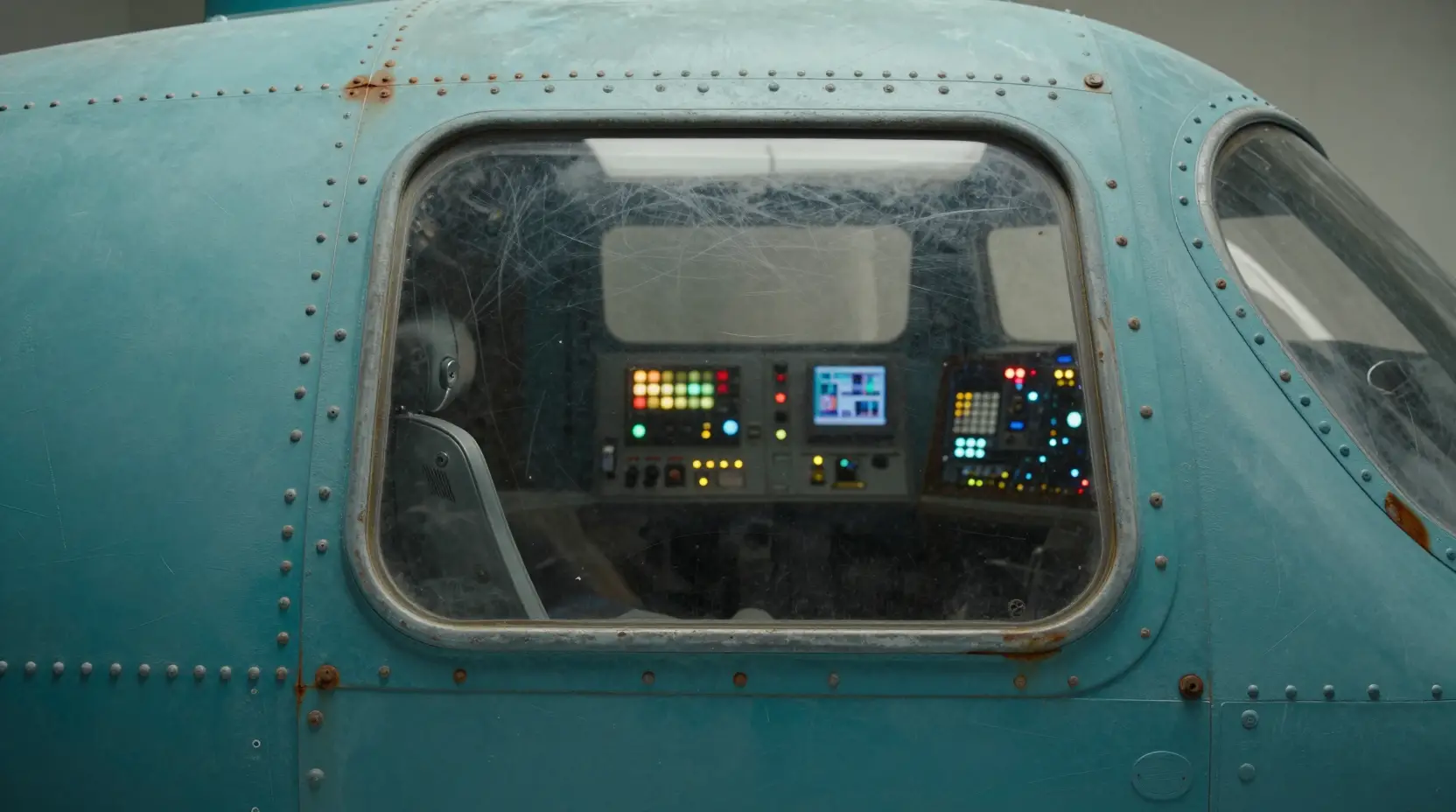 Close up cockpit window of a weathered teal spaceship