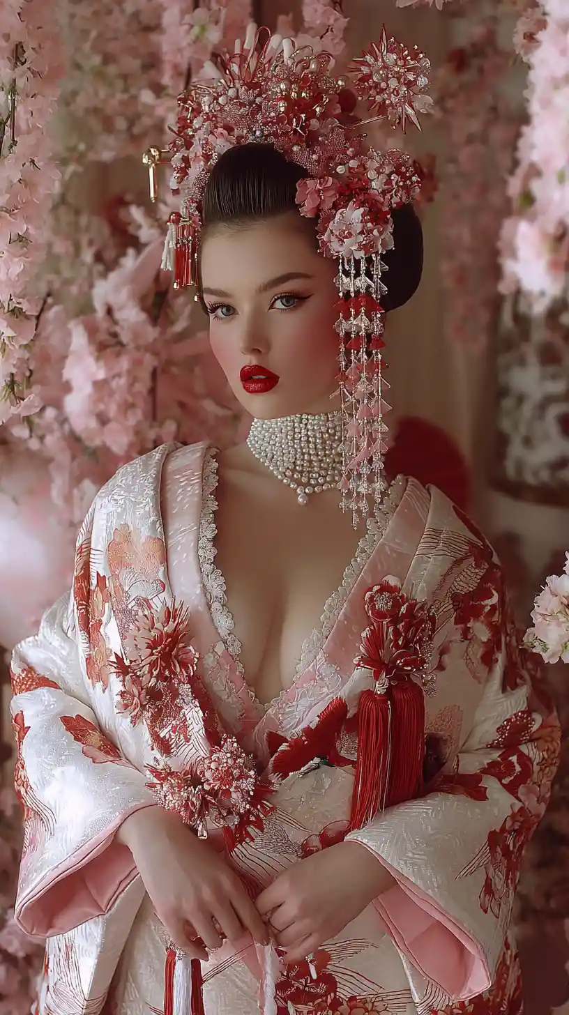 Couture geisha bride in white shiromuku and junihitoe robes