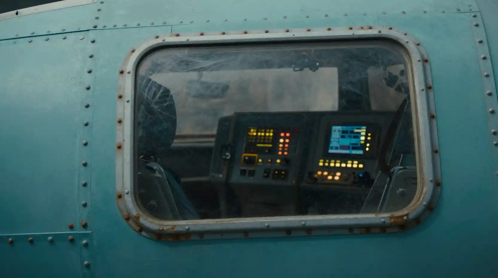 Close up cockpit window on a battered teal spaceship hull