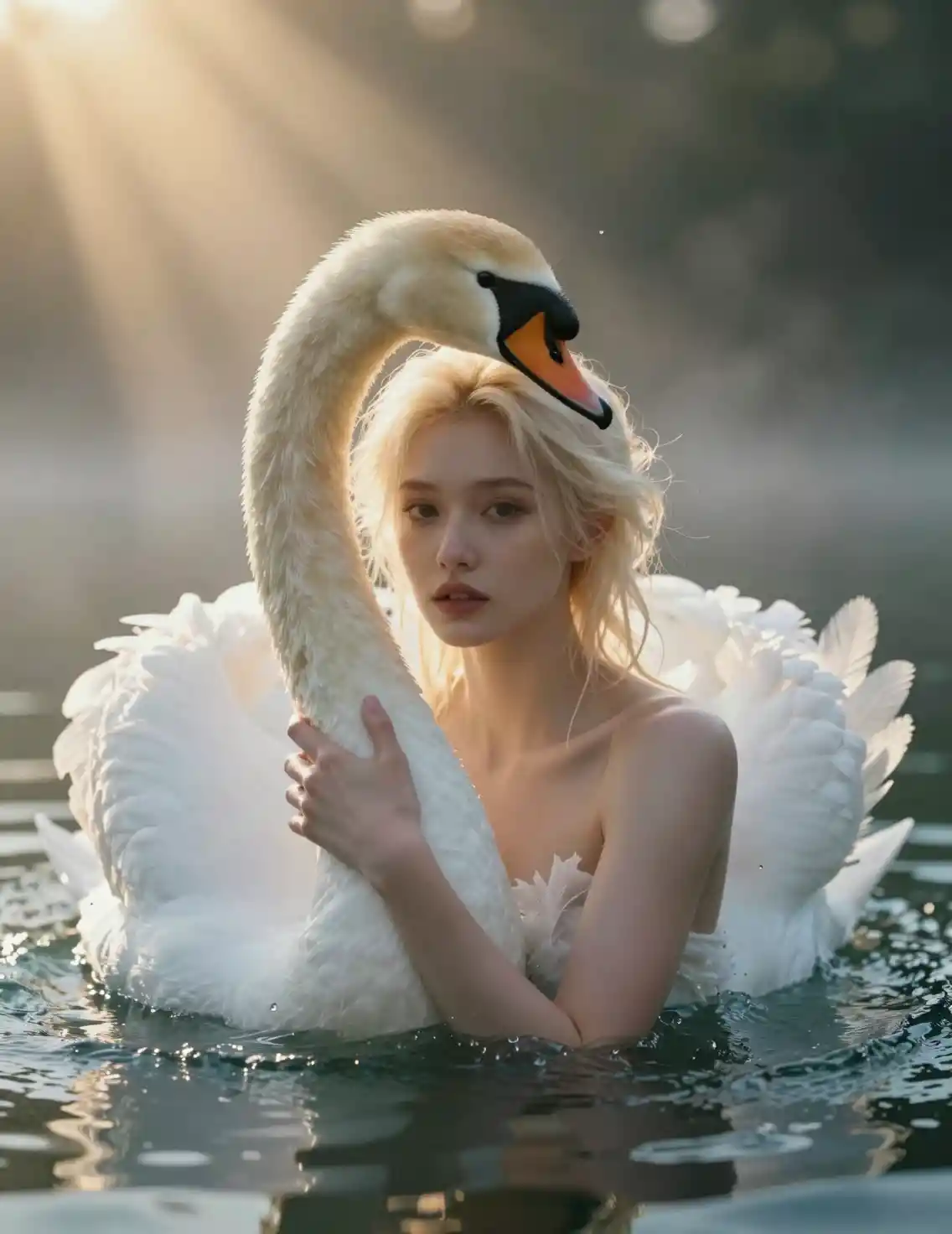 Serene woman with white swan in glowing misty waters