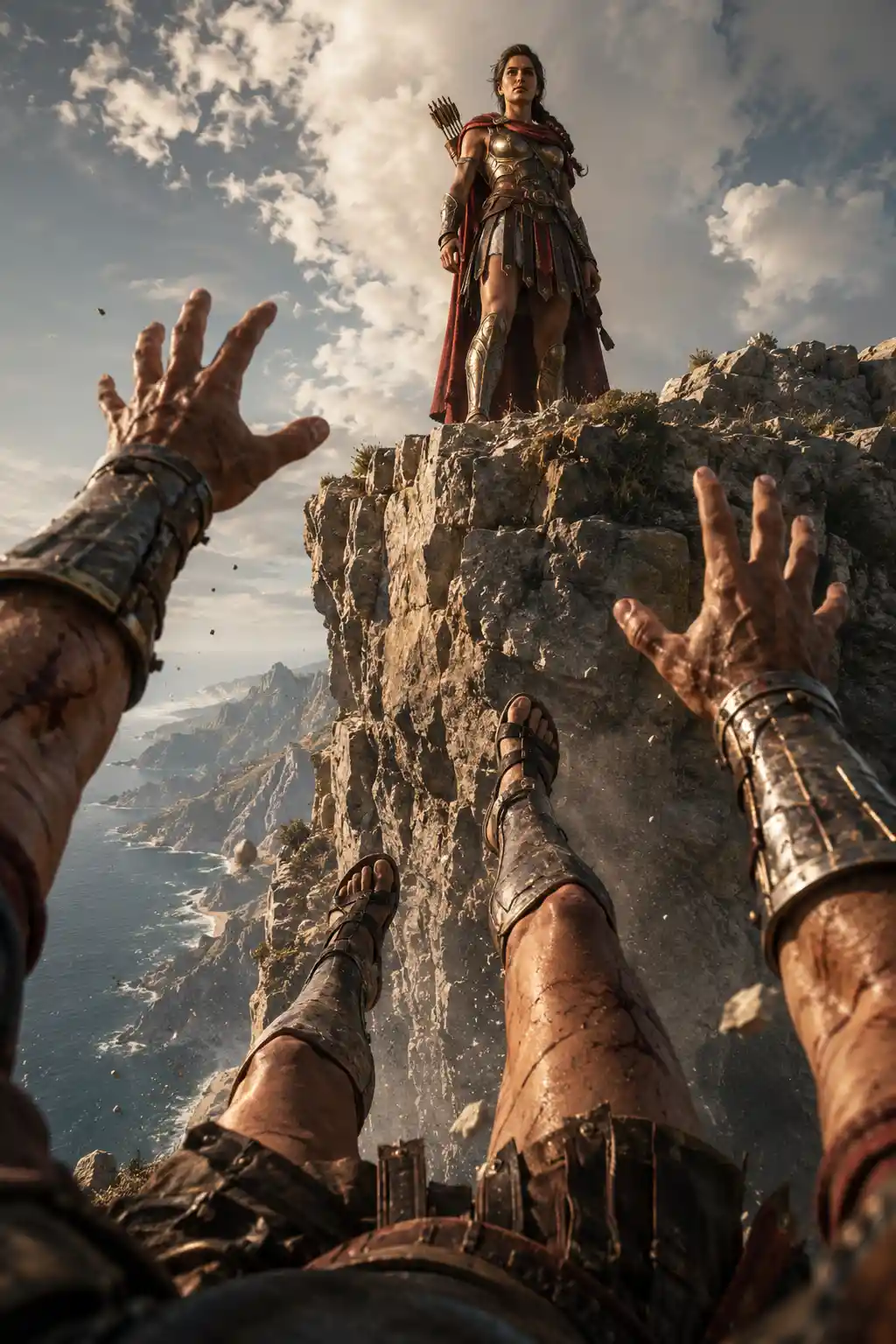 First person fall from a cliff before a warrior