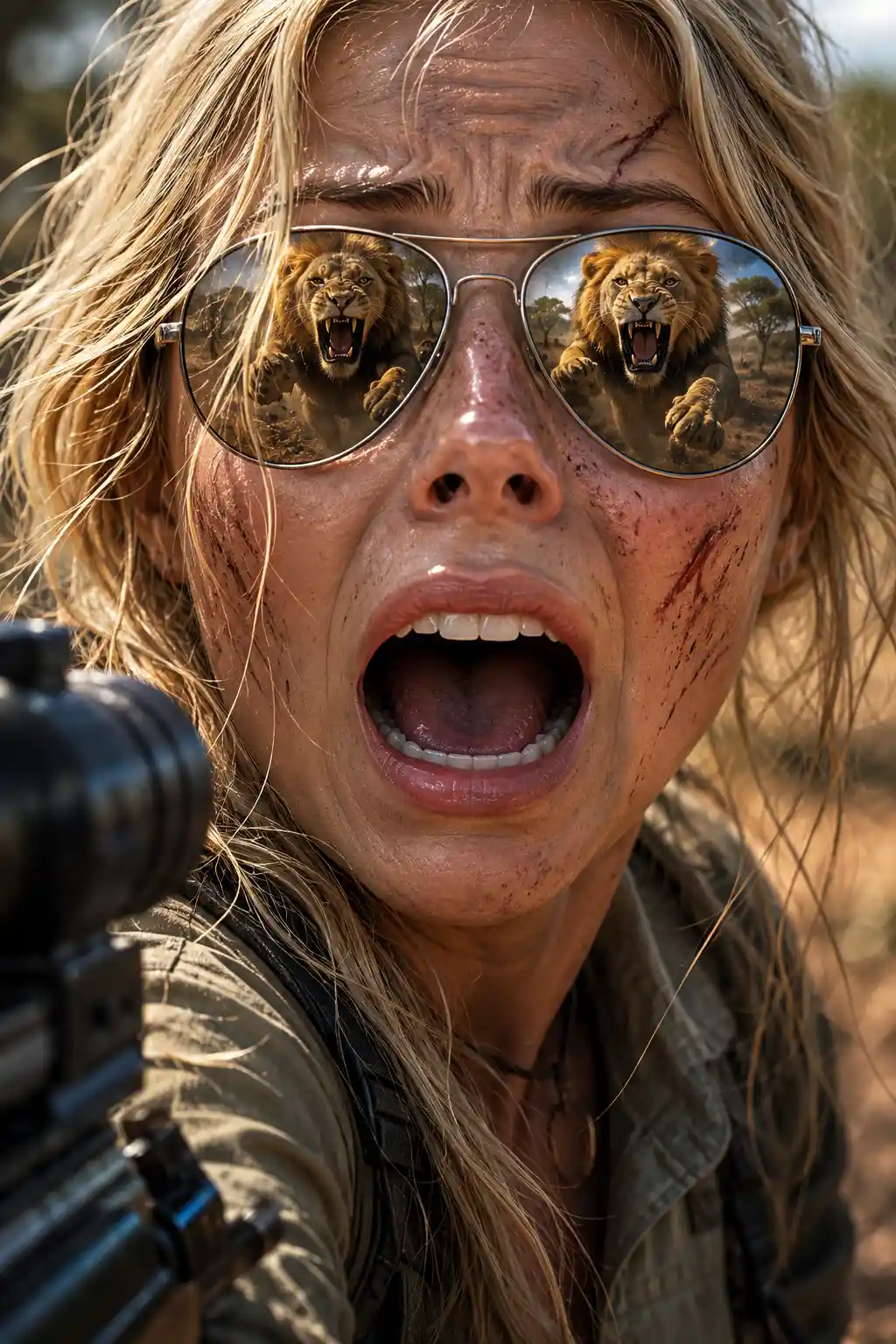 Terrified woman in sunglasses facing charging lion reflection