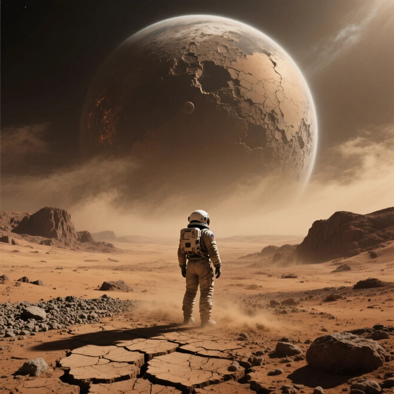 Lonely Astronaut In Desolate Desert Beneath Giant Planet