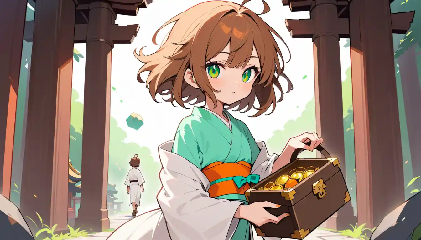 Chica de anime con yukata blanca caminando por un sendero del templo
