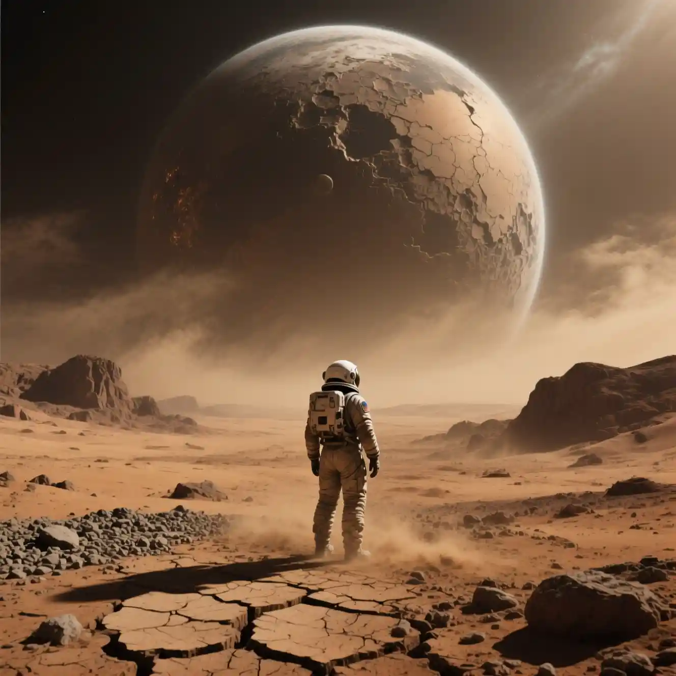 Lonely Astronaut In Desolate Desert Beneath Giant Planet