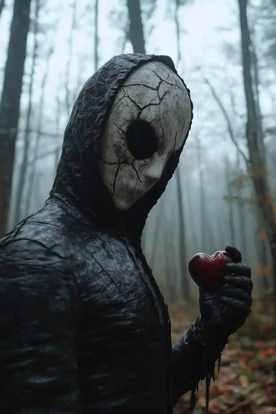 Masked figure offering a red heart in a misty forest