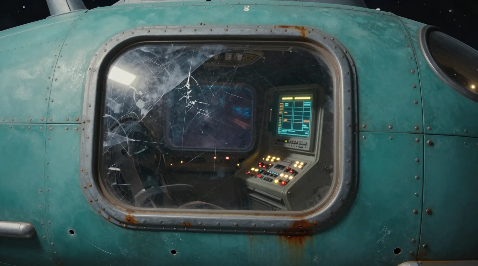 Weathered teal spaceship cockpit with damaged control panel