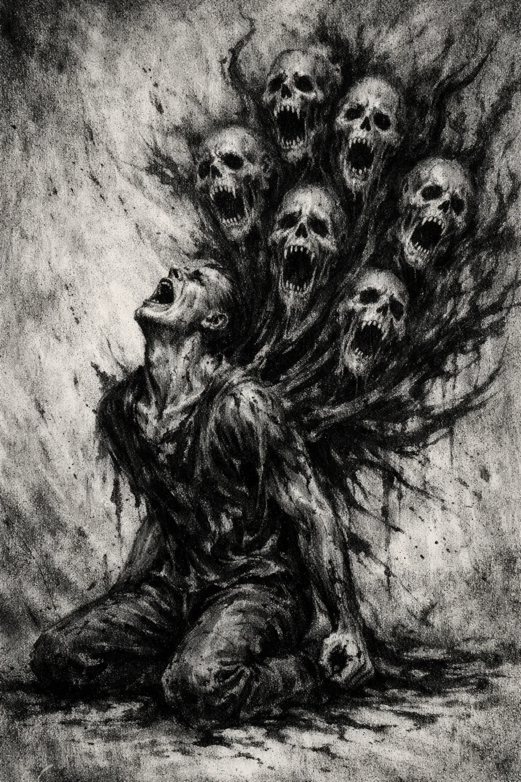 Kneeling tormented figure engulfed by screaming skull faces