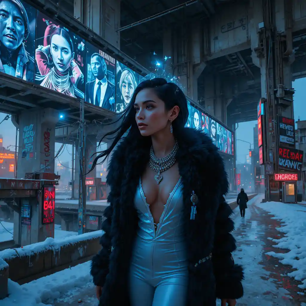 Cyberpunk woman beside holographic glitch mural