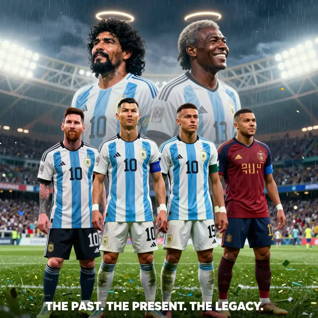 Legendary football heroes under night stadium lights