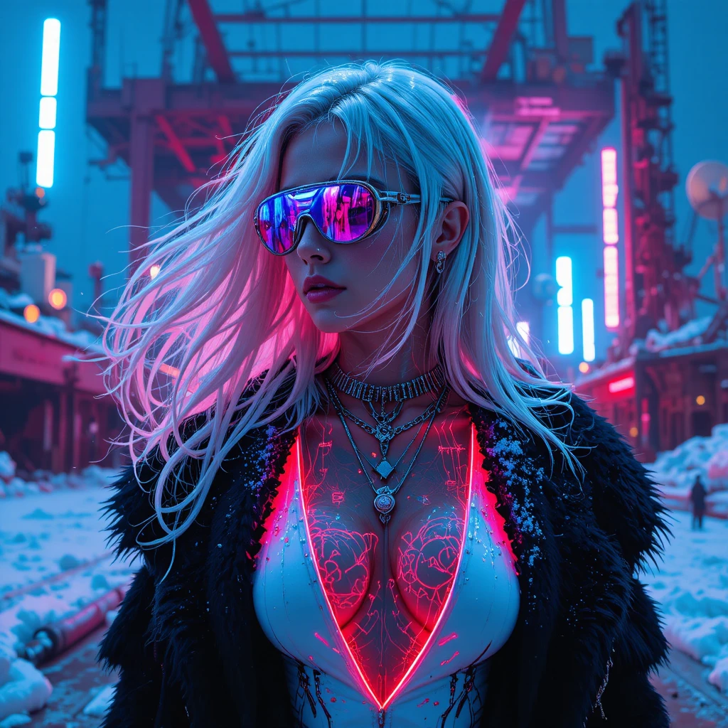 Cyberpunk femme fatale in neon arctic shipbreaking yard