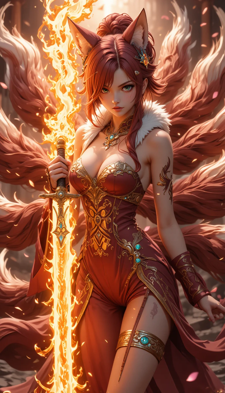 Fiery anime warrior woman with sword and guild mark