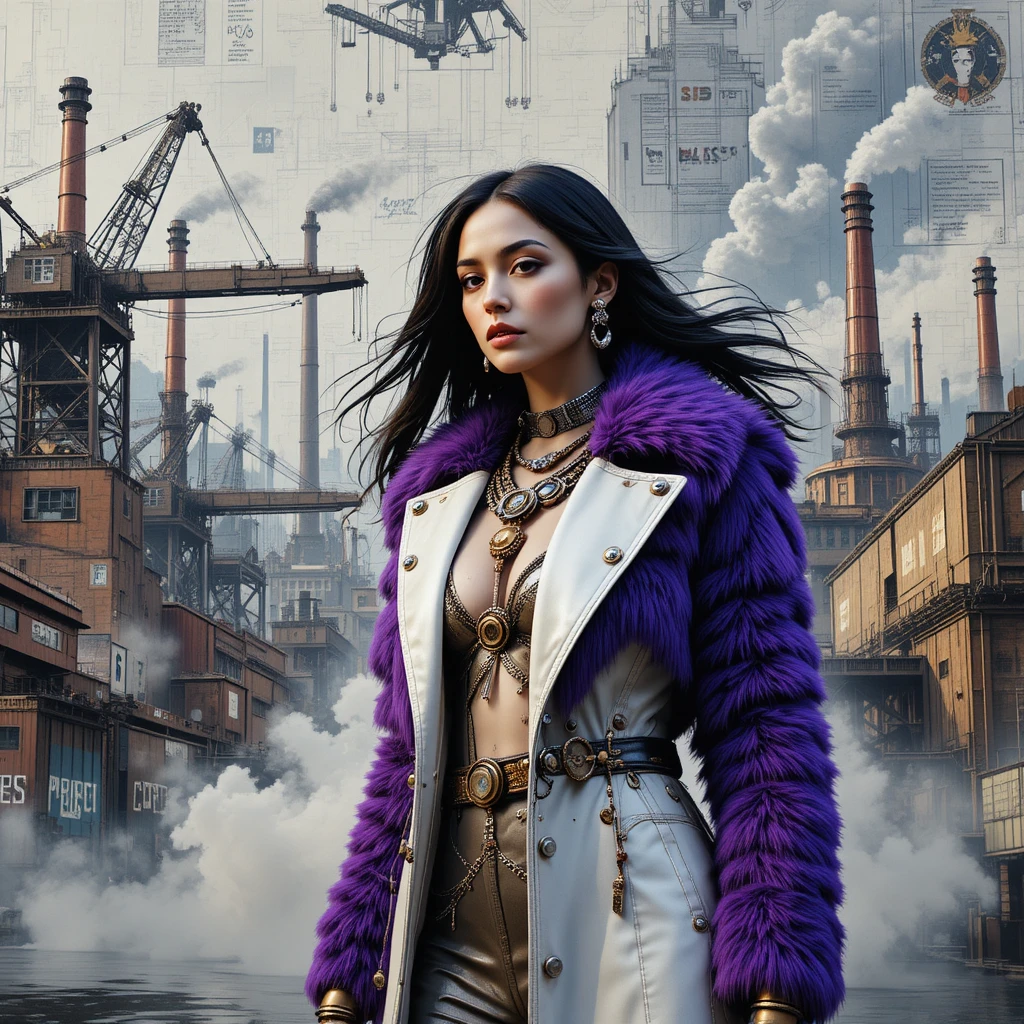 Stylish woman in purple coat in vast industrial harbor mural