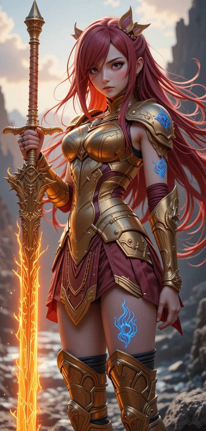 Anime warrior woman with flaming armor and greatsword