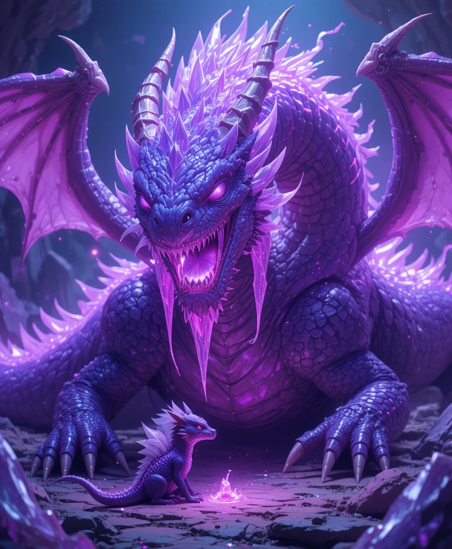 Sleeping crystal dragon in glowing anime fantasy cave