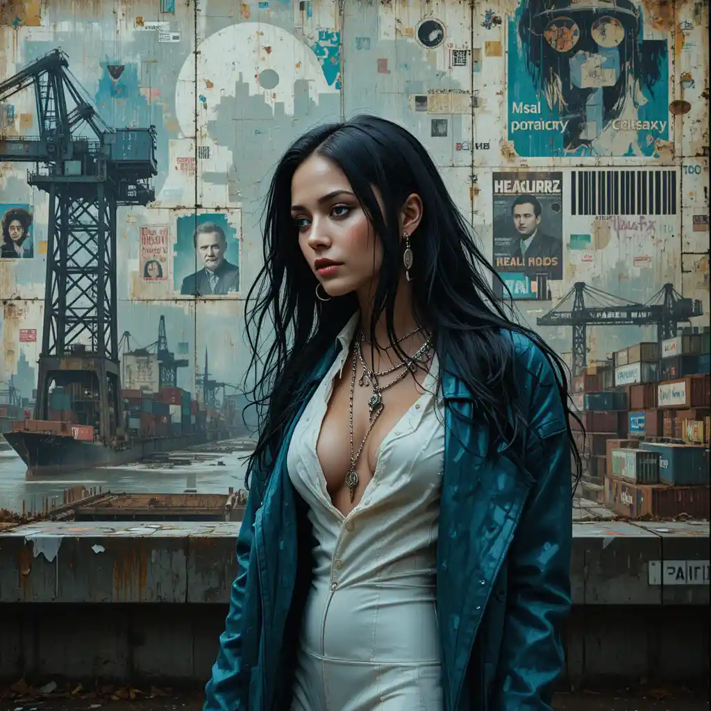 Mujer cyberpunk junto a mural holográfico en puerto industrial