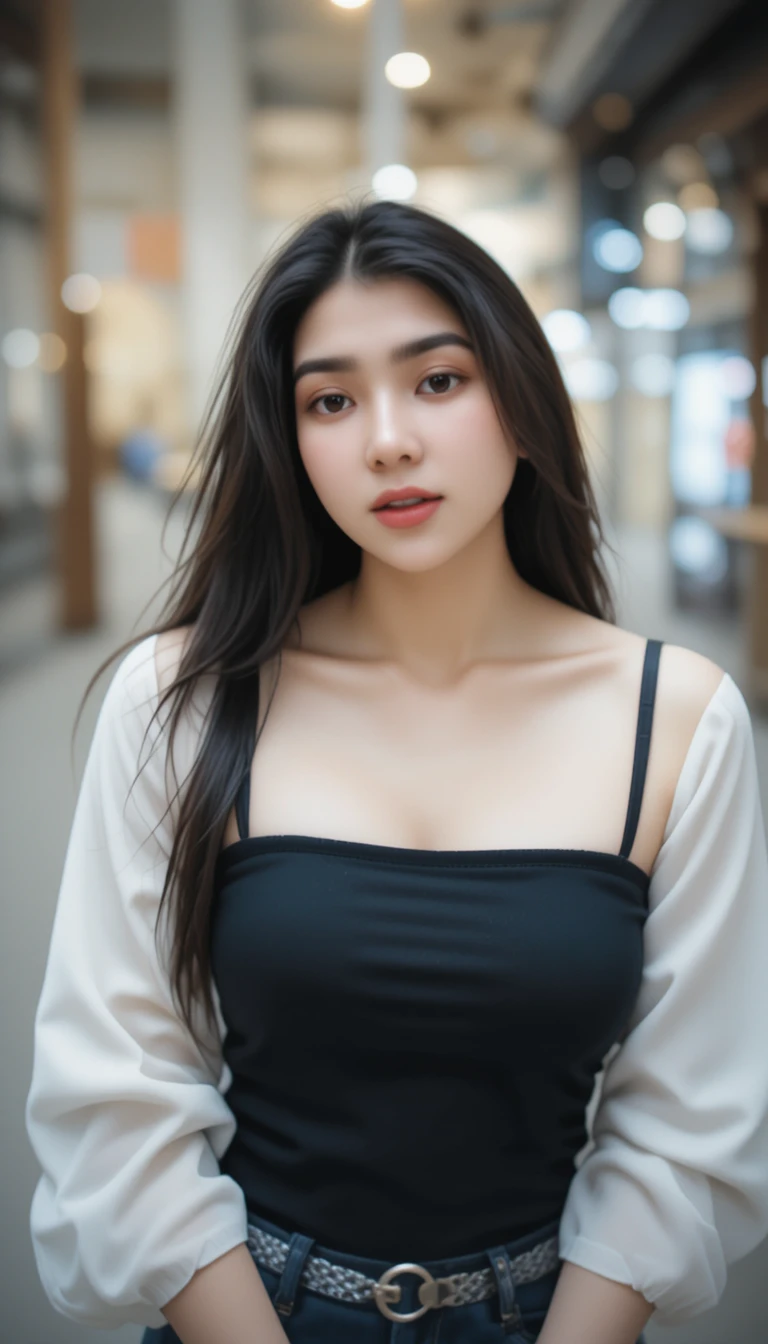 Smiling young woman in blouse with straight black hair