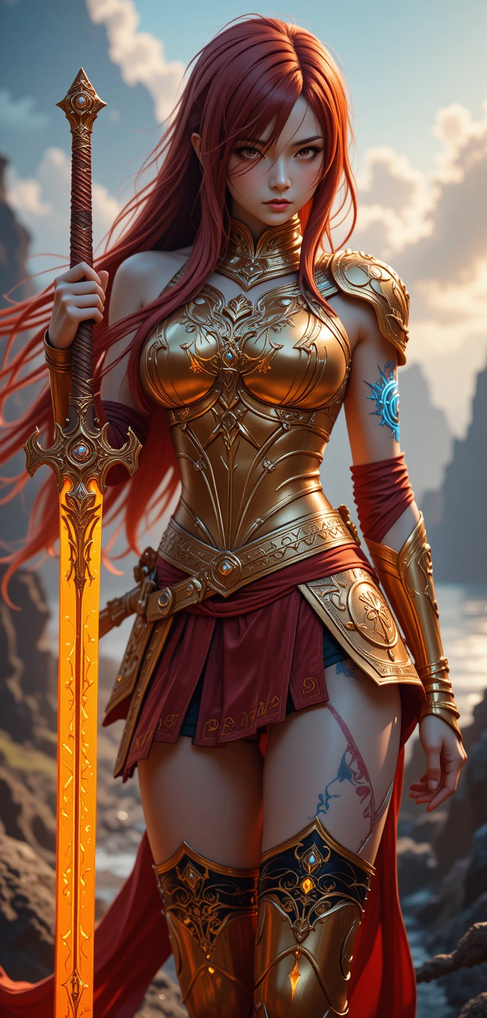 Anime warrior woman with flaming armor and glowing tattoos