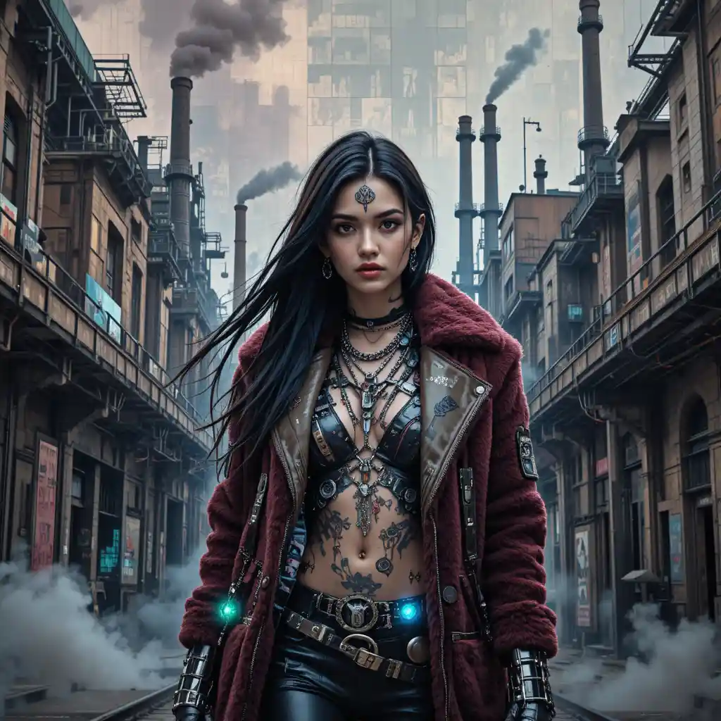 Cyberpunk fashion mural on abandoned victorian railway walls