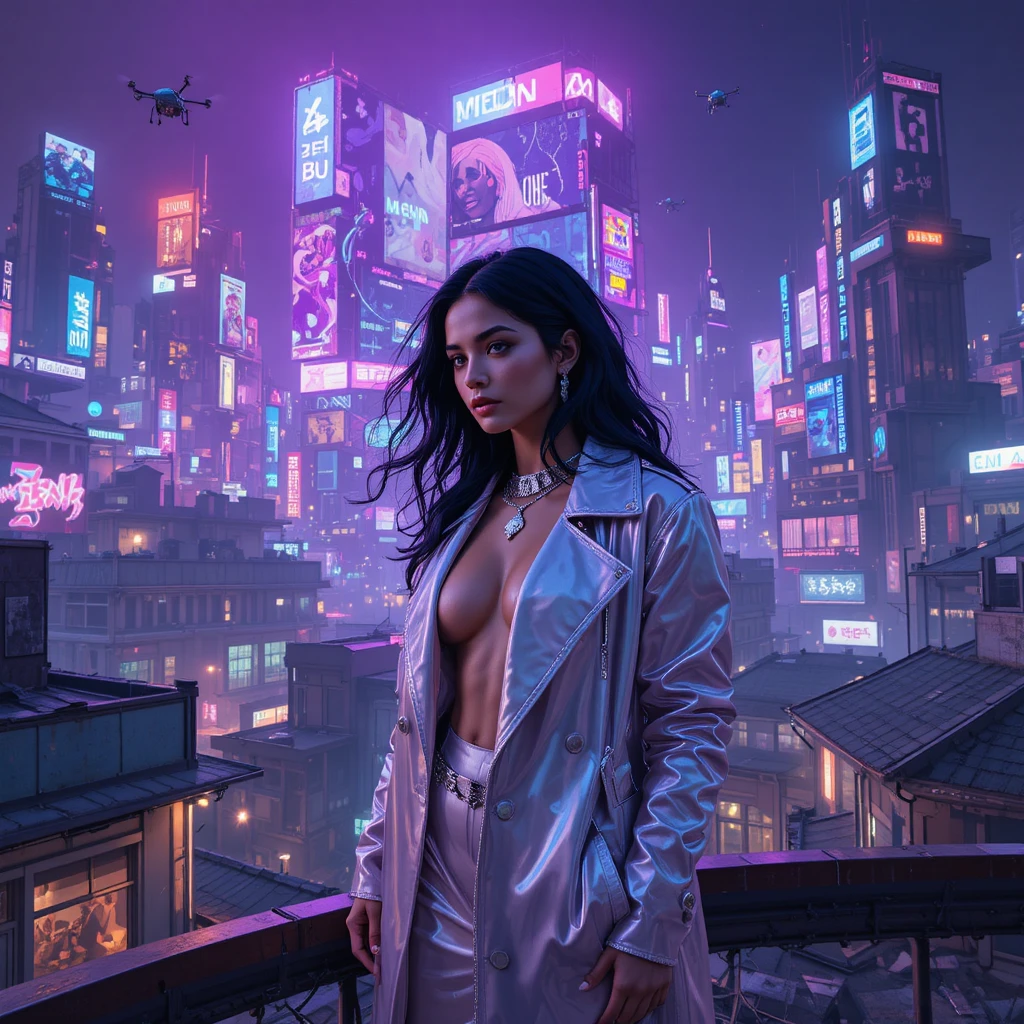 Donna fashion cyberpunk su cartellone olografico della città