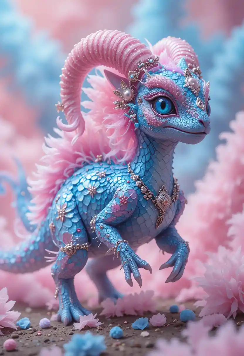 Whimsical pink and blue fantasy creature in side profile