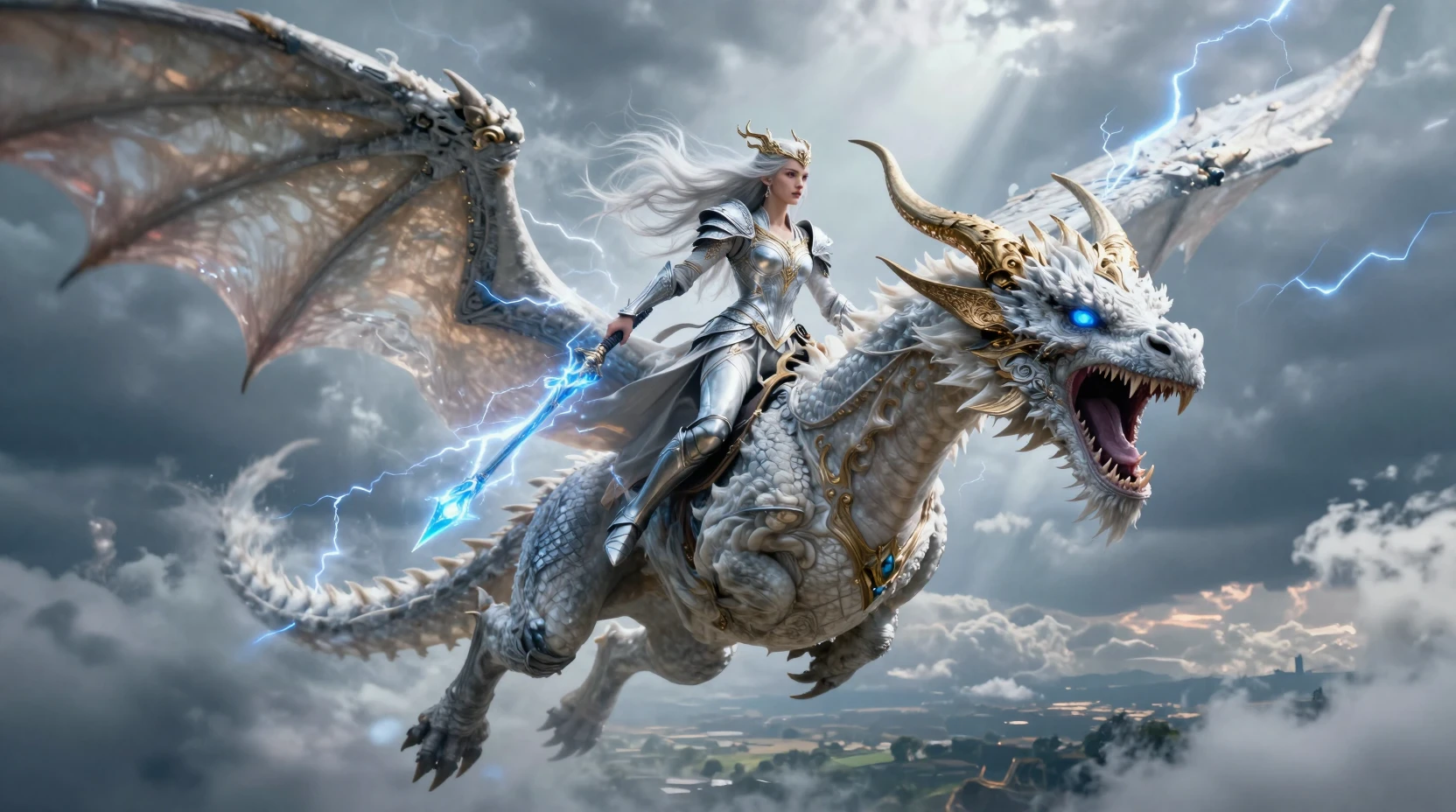 Silver haired warrior queen on a white dragon in storm