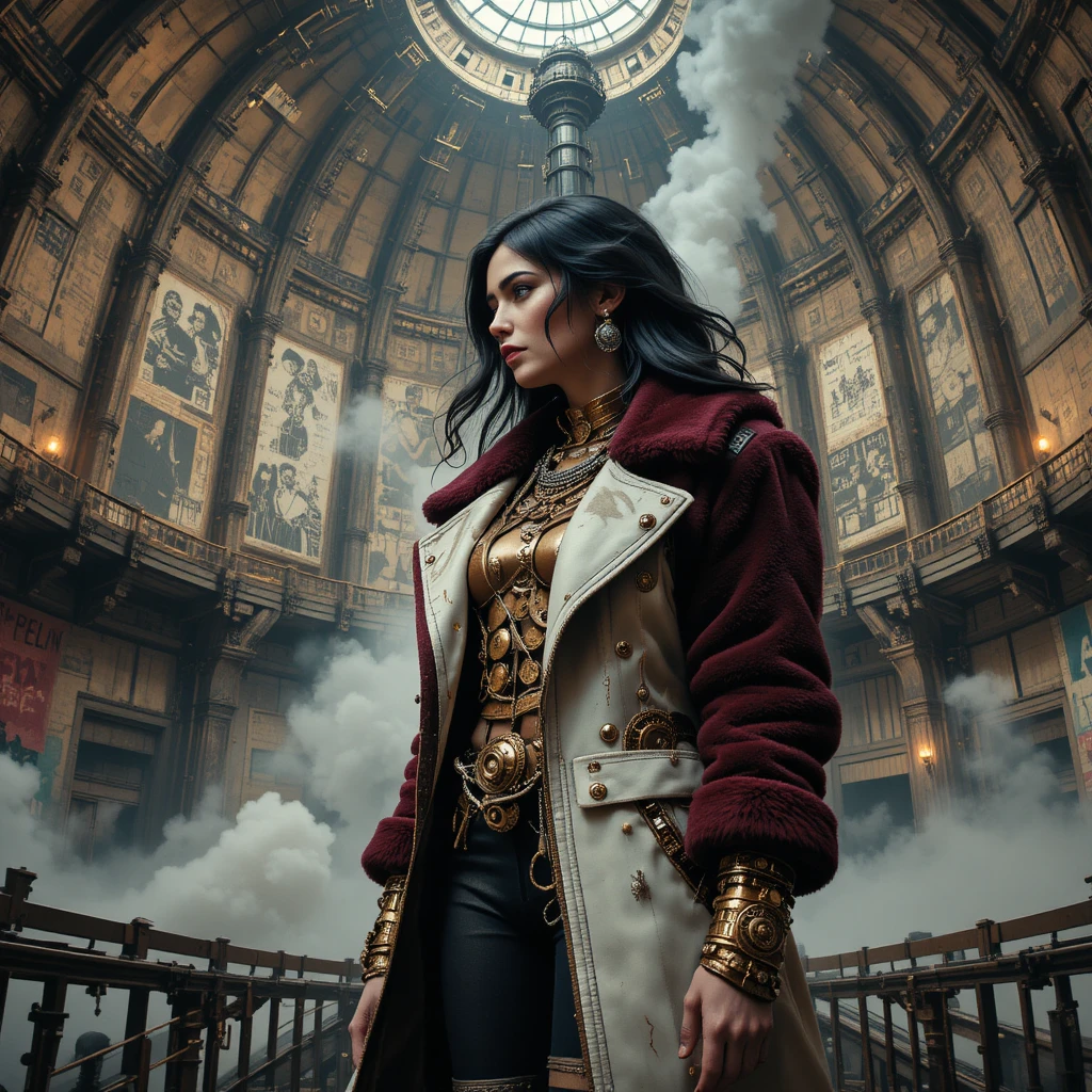 Steampunk fashion woman in vast industrial observatory