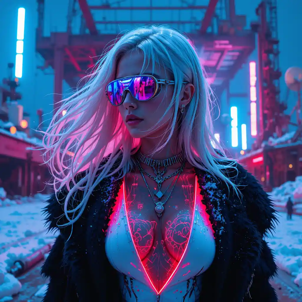 Cyberpunk femme fatale in neon arctic shipbreaking yard