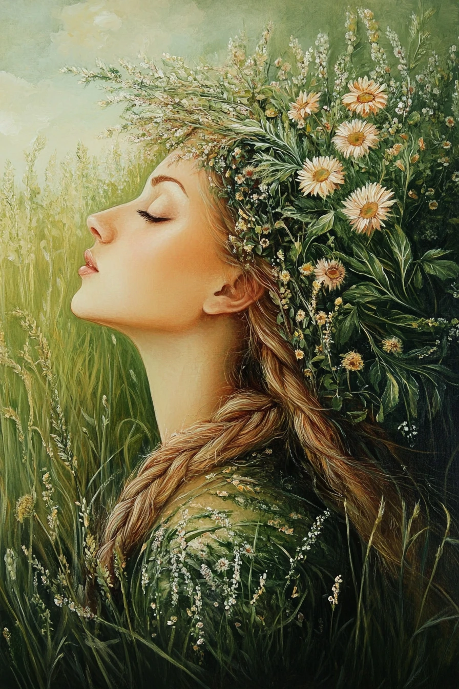Surreal painting of a woman embodying vibrant summer nature