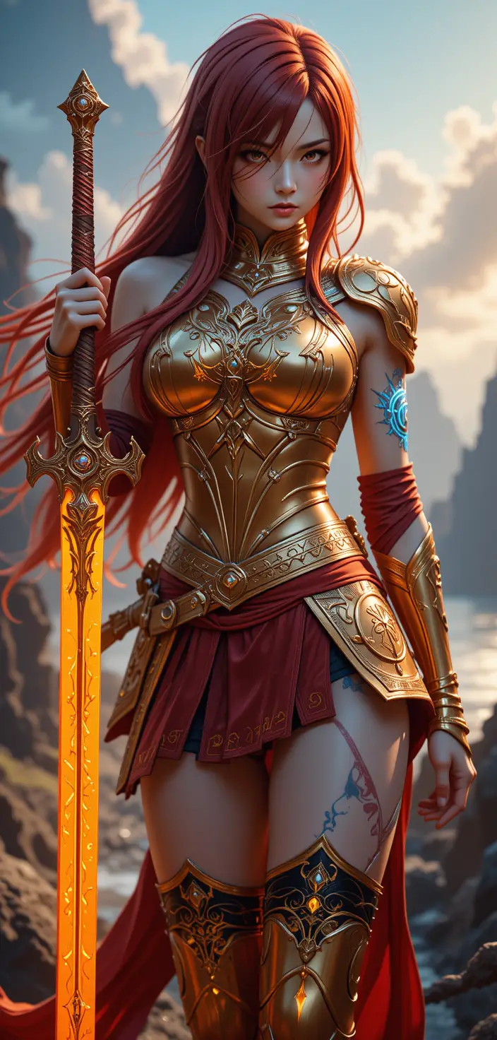 Anime warrior woman with flaming armor and glowing tattoos