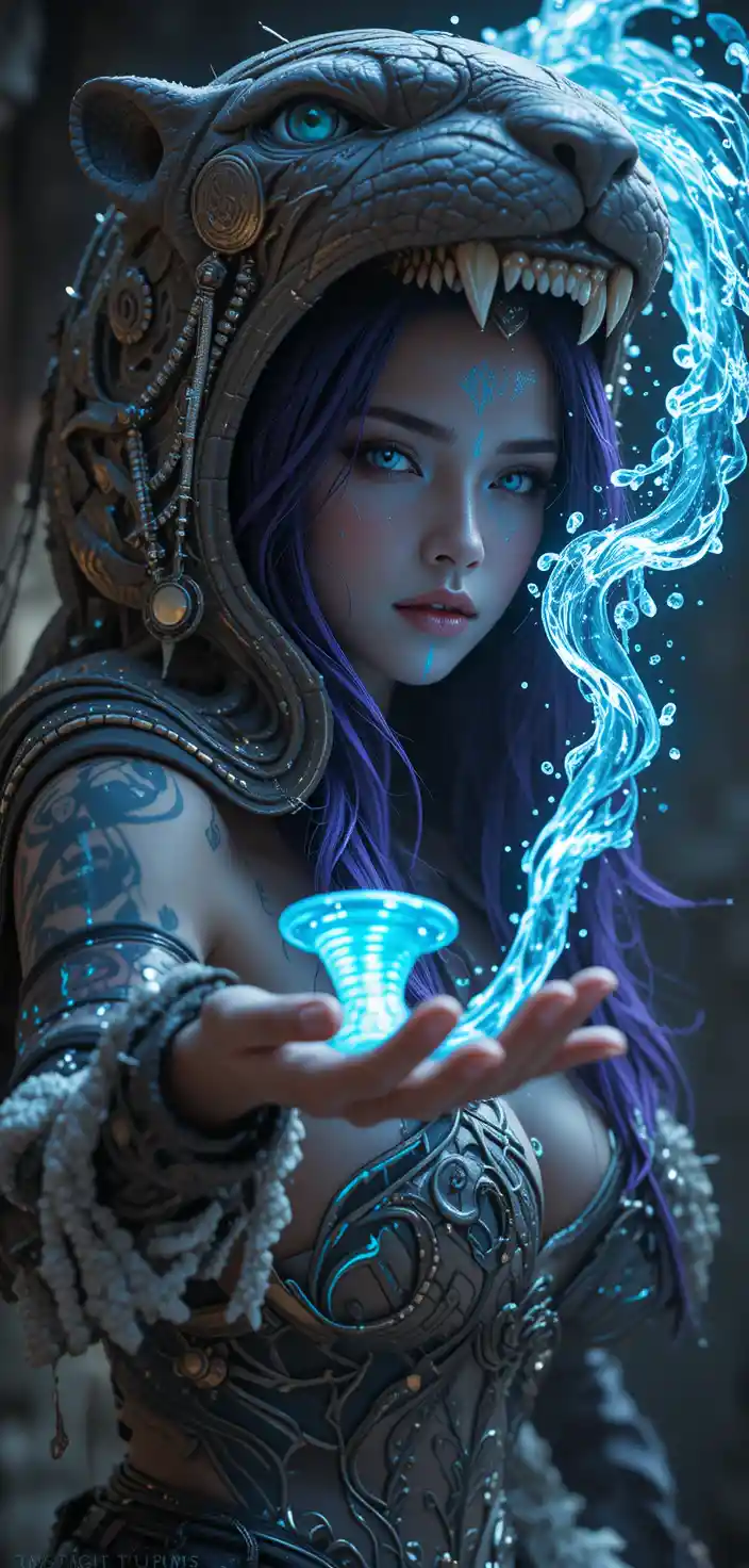 Purple haired warrior woman with jaguar headdress and water vortex