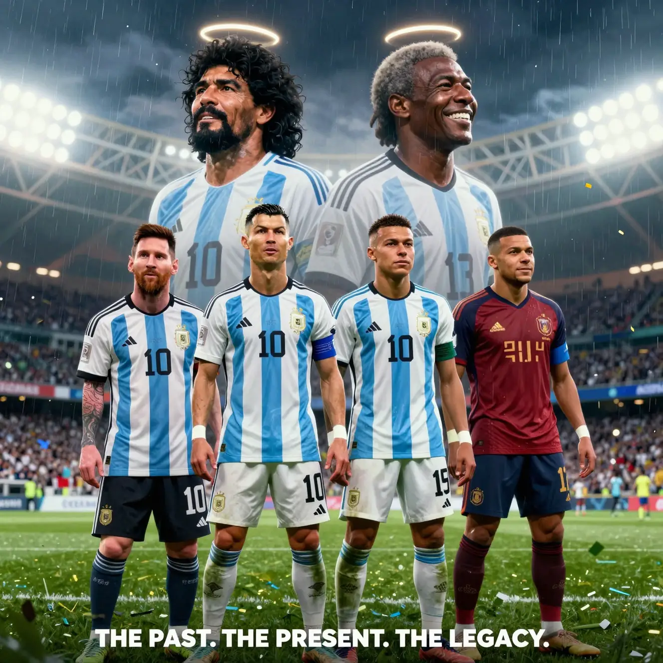 Legendary football heroes under night stadium lights
