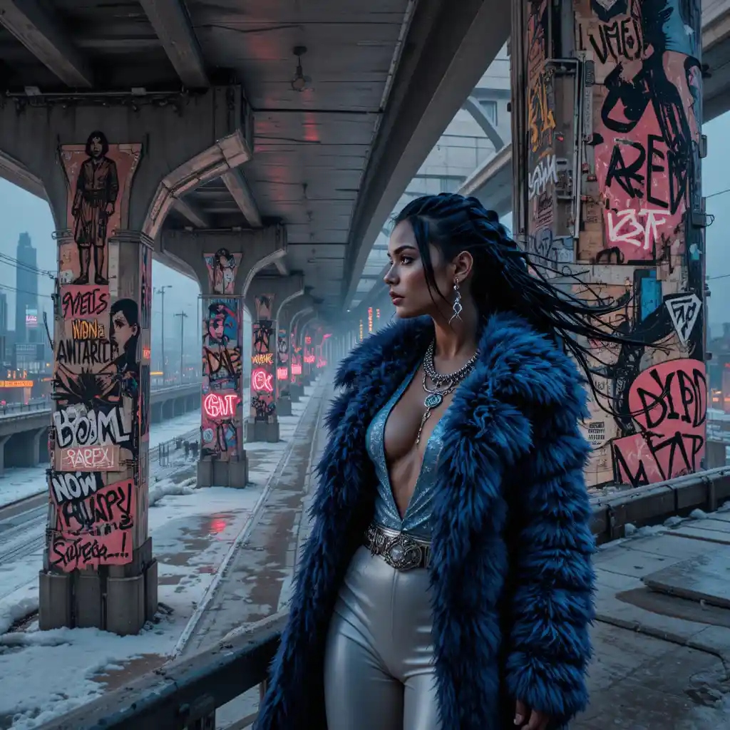 Cyberpunk woman beneath frozen elevated expressway mural