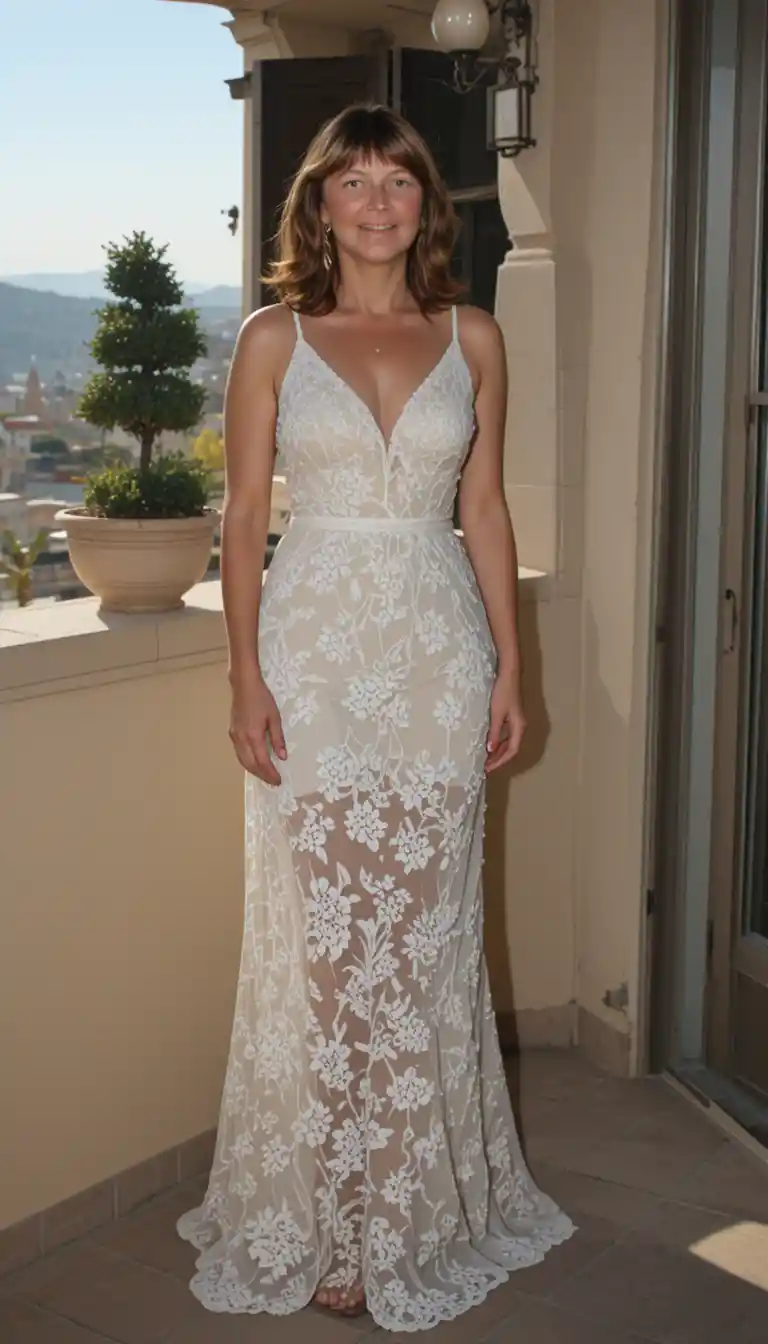 Smiling woman in white lace dress on sunny balcony