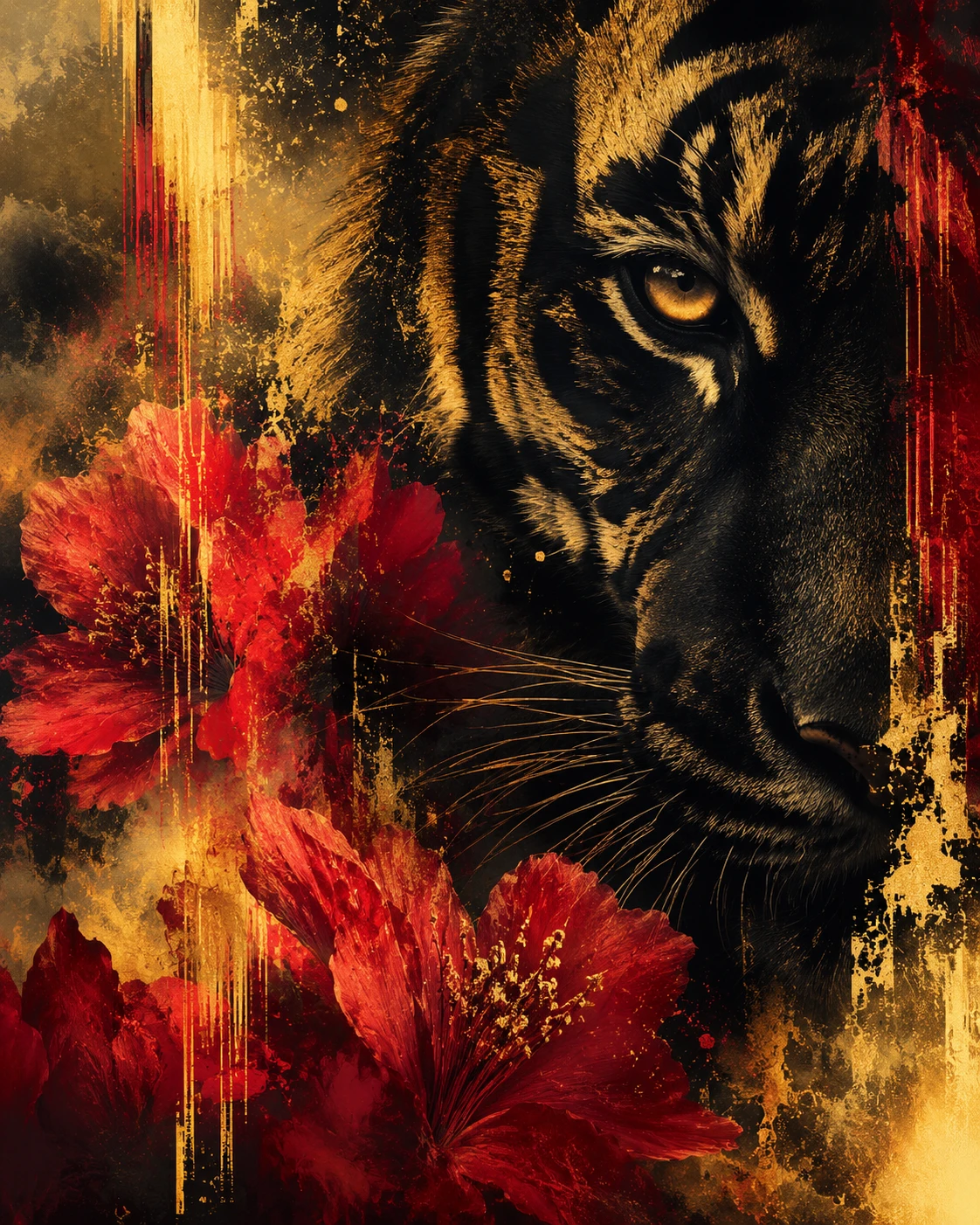 Close up black tiger with gold and red floral details