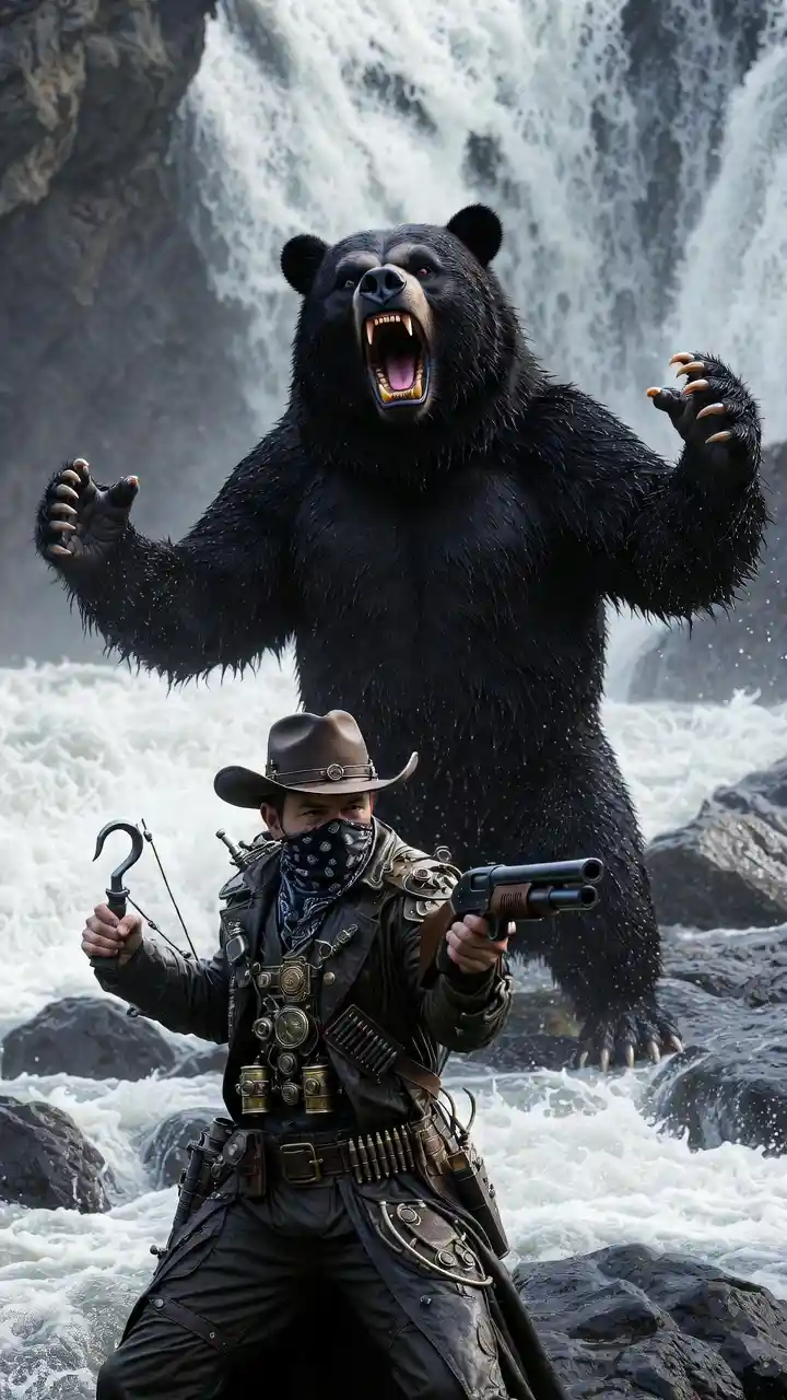 Enraged bear monster roaring beside a wild waterfall
