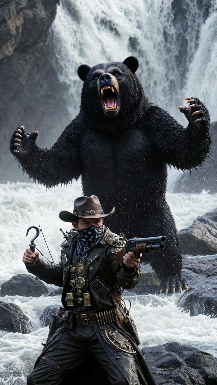 Enraged bear monster roaring beside a wild waterfall