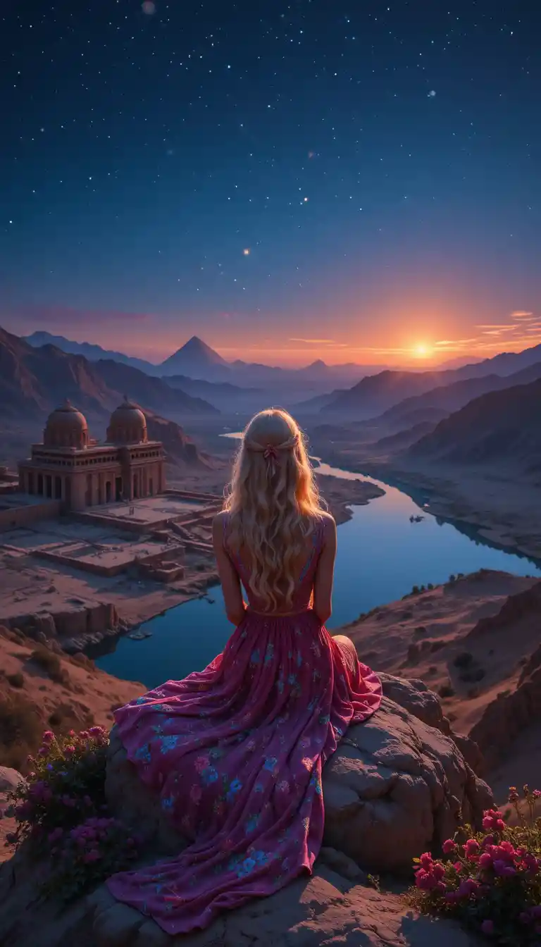Young woman on desert rock at sunset by the Nile
