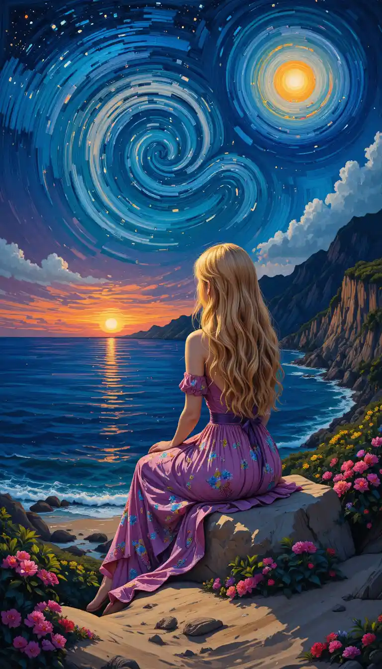 Girl on seaside rocks at sunset under starry tropical sky