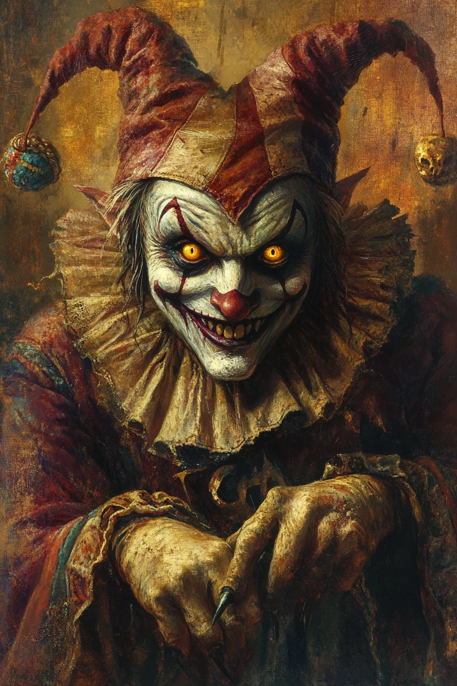 Creepy fantasy jester with glowing amber eyes in dungeon