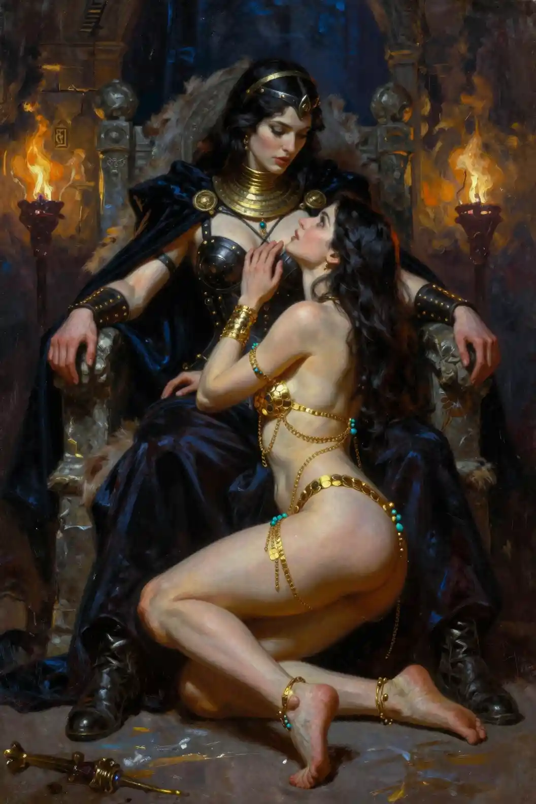 Sorceress on a stone throne with kneeling devoted woman