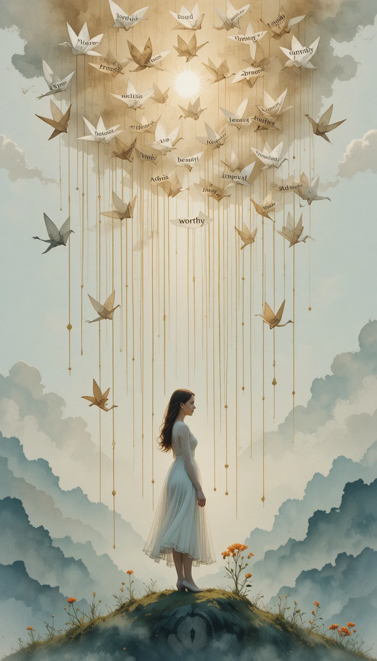 Woman with paper cranes in a poetic watercolor landscape