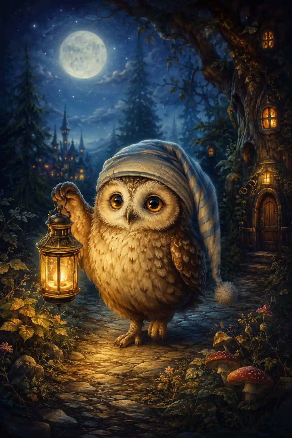 Whimsical owl with nightcap in a glowing forest