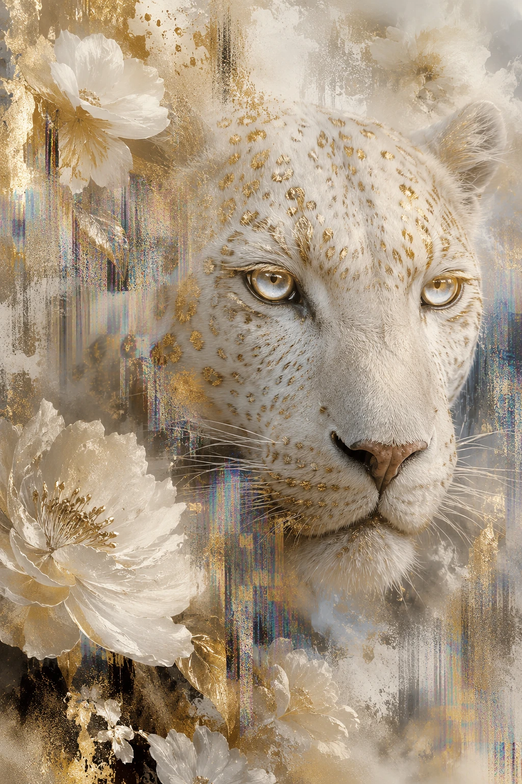 White leopard close up with gold floral accents
