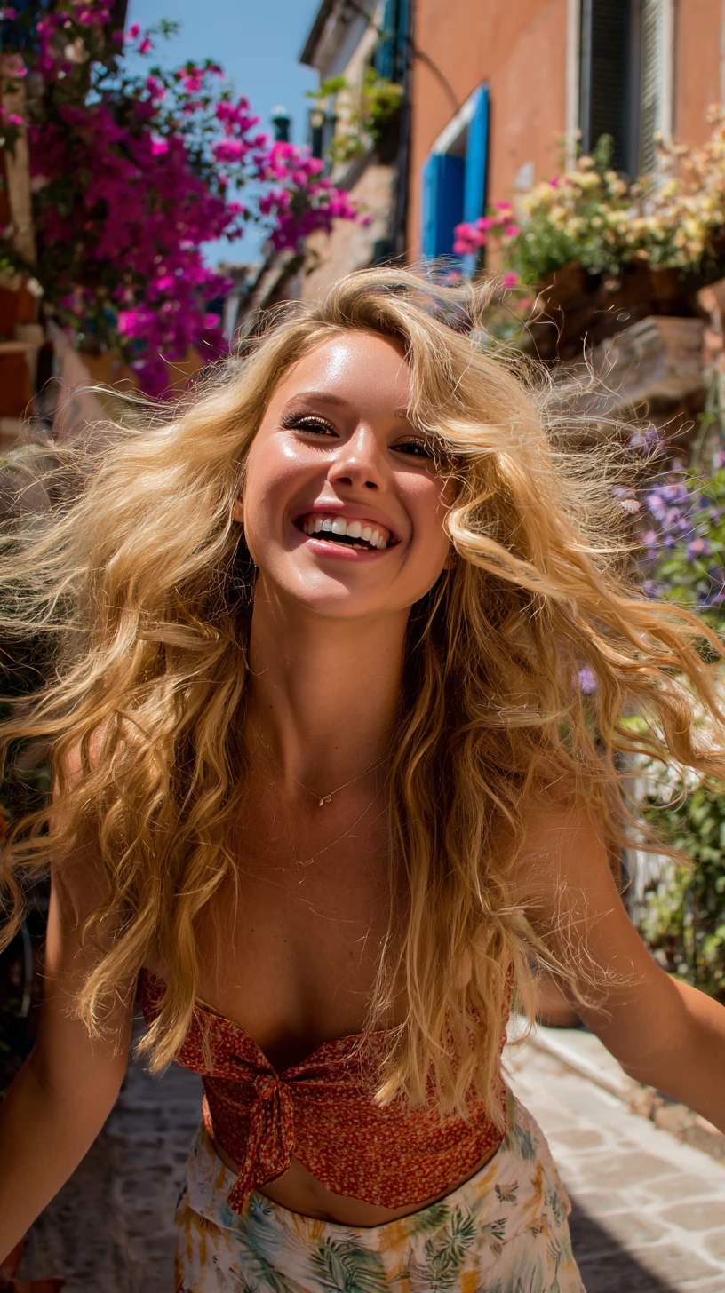 Mujer sonriente bajo el sol en un sendero costero del Mediterráneo