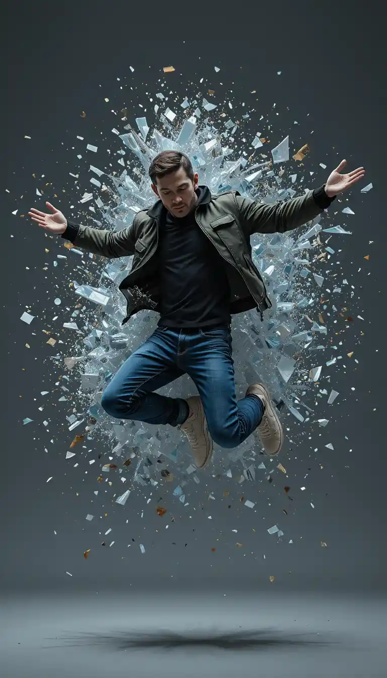 Woman leaping in mid air with shards exploding around her