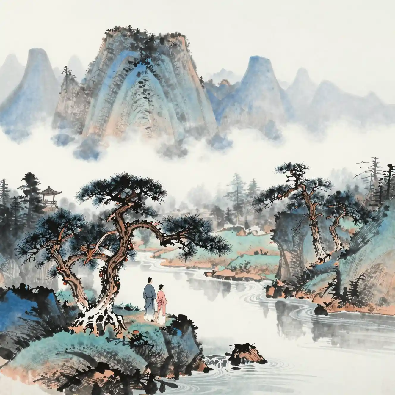 Couple Meeting Under Pines In Misty Mountain Landscape