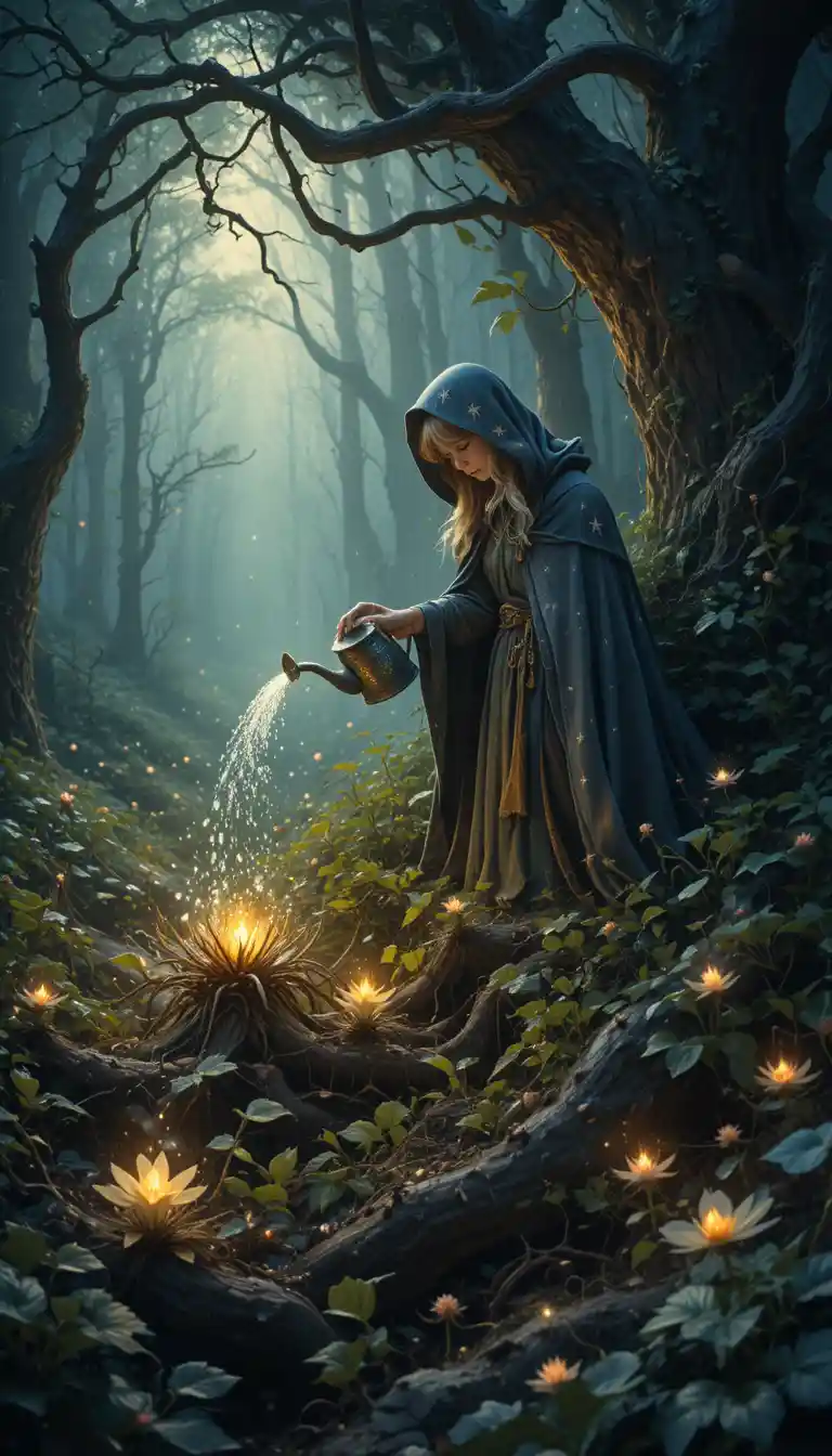 Gentle magical gardener watering thorns into glowing flowers