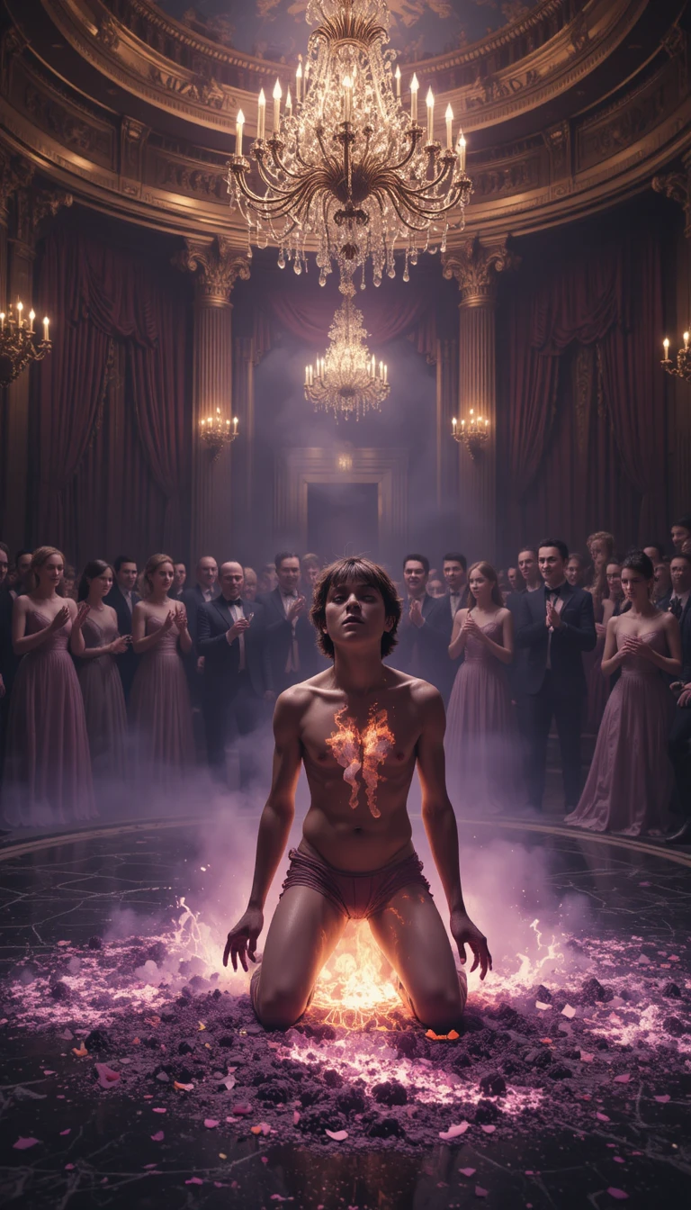 Kneeling Boy Consumed By Magic In Opulent Ballroom